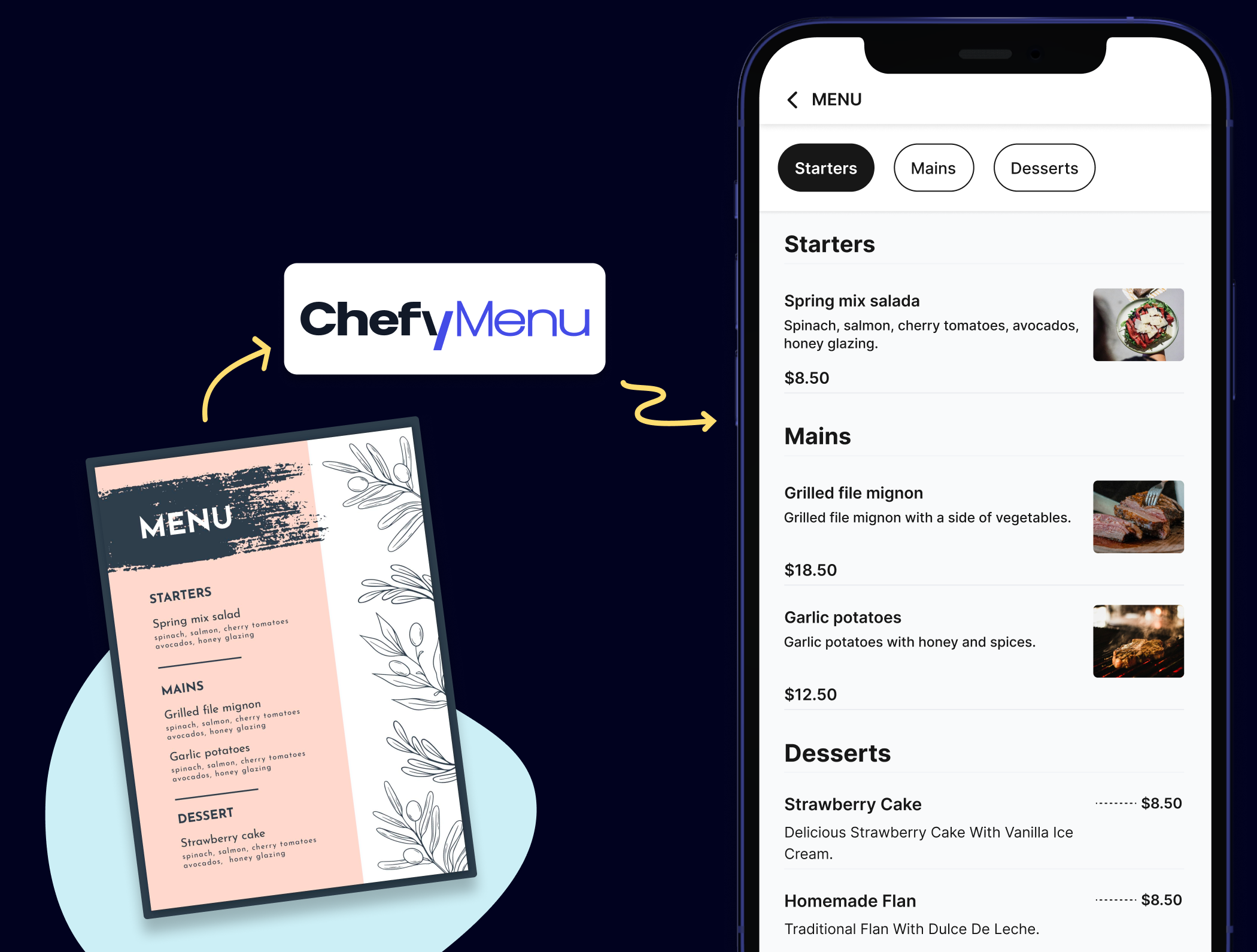 ChefyMenu mobile menu screen mockups