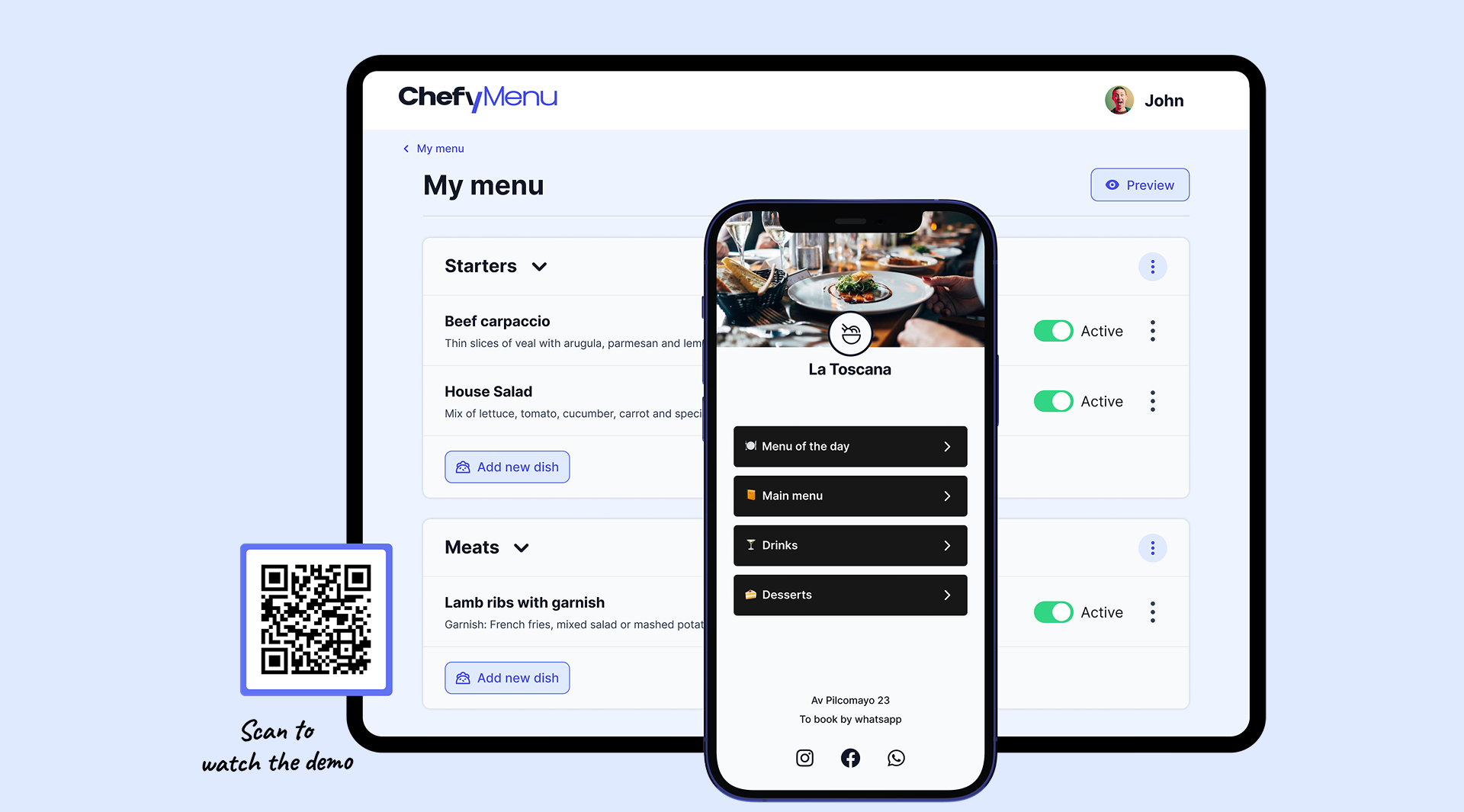 ChefyMenu product and mobile QR menu mockup