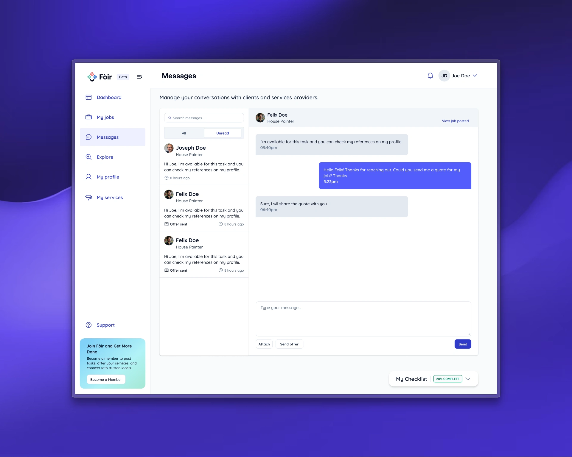 Fòir messaging interface and mobile experience mockups