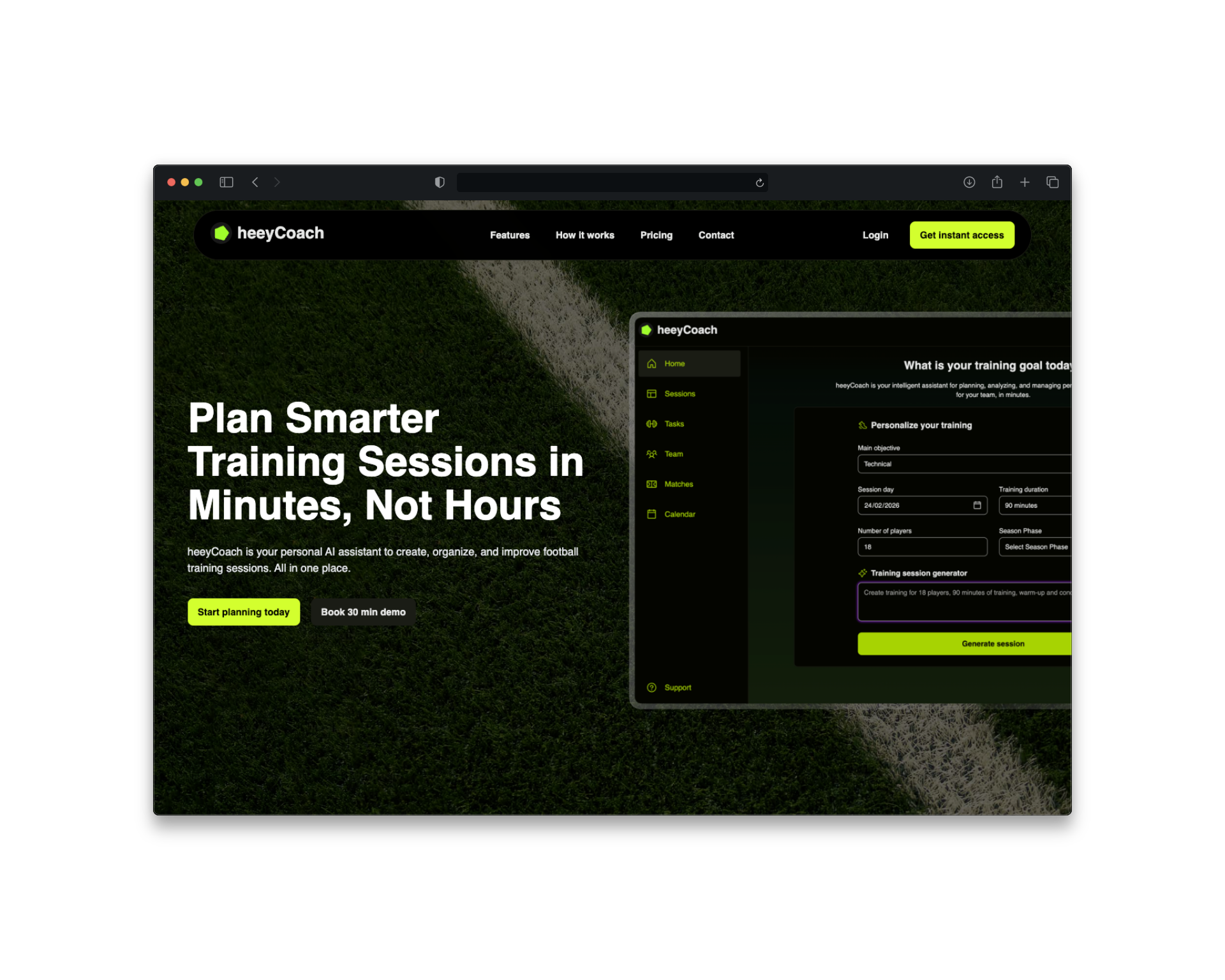 heeyCoach landing page and product experience mockups
