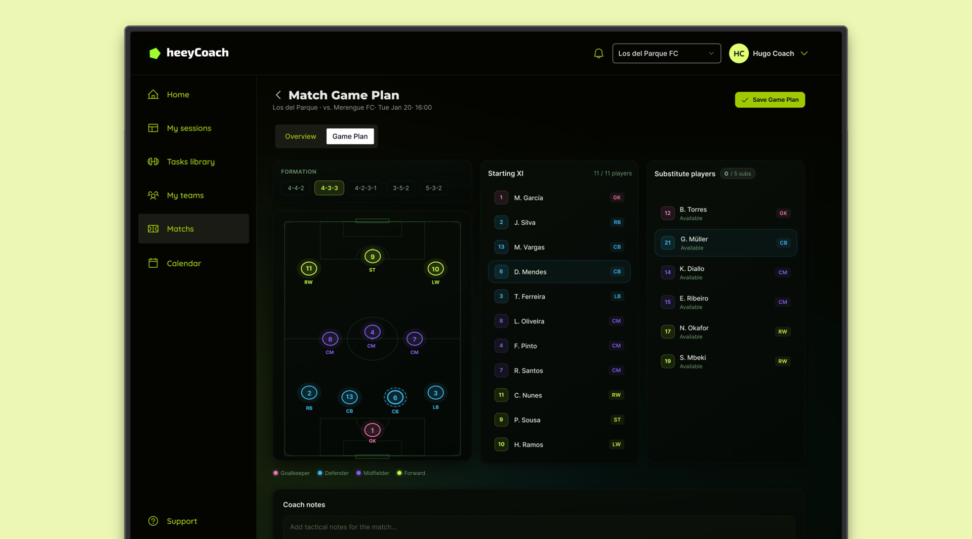 heeyCoach match planning interface mockup